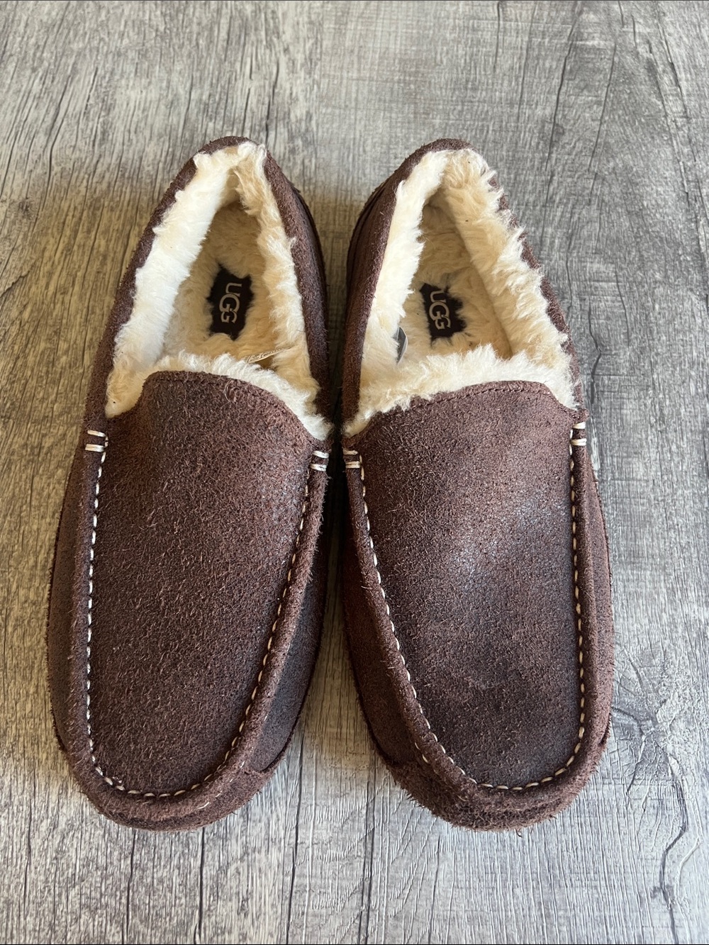 UGG Men's Chocolate Brown Suede Slip-On Slippers with Cream Shearling